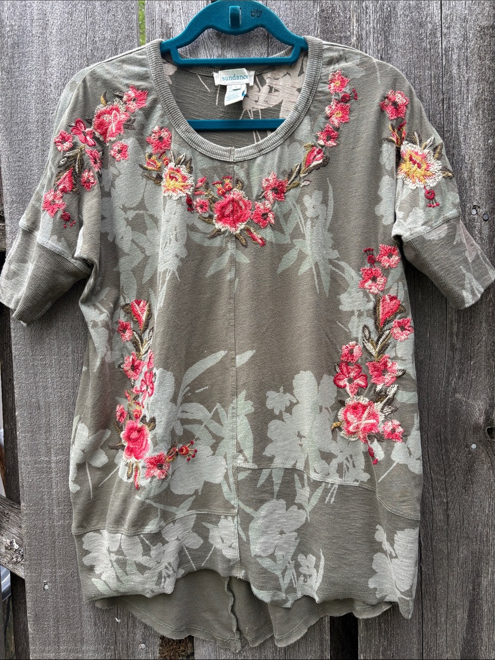 Sundance Olive Short Sleeve Sweatshirt with Pink & Coral Floral Embroidery